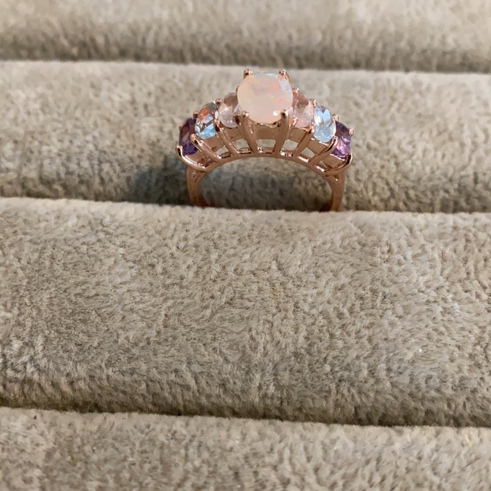 Rose gold genuine gemstones rainbow opal ring